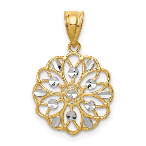 14K w/Rhodium Diamond-Cut Round Pendant