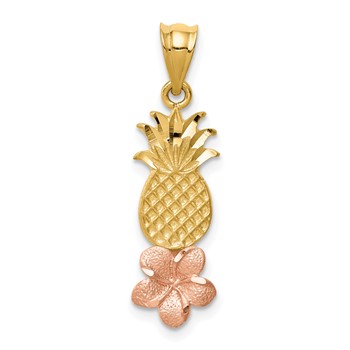 14K Yellow and Rose Gold Pineapple with Plumeria Flower Pendant
