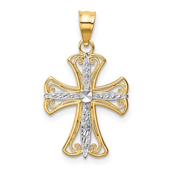14k and White Rhodium Diamond-cut Cross Pendant