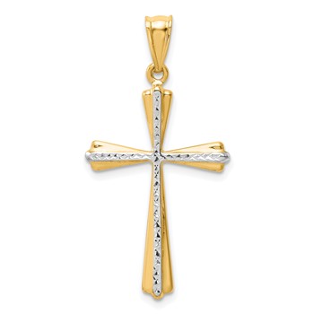 14k and White Rhodium Diamond Cut Cross Pendant
