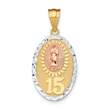 14K Two-tone with White Rhodium Solid Our Lady of Guadalupe 15 Oval Pendant