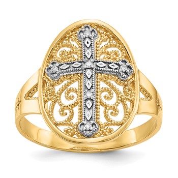 14k Two-tone Diamond Cross in Filigree Oval Ring