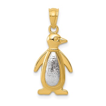 14K Two-tone Polished and Textured Penguin Pendant