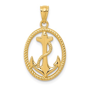 14k Gold Polished Anchor with Rope Oval Pendant