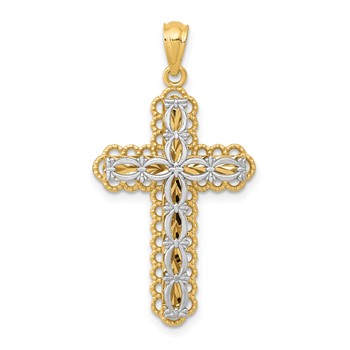 14K Two-tone Polished 2-Level Filigree Cross Pendant