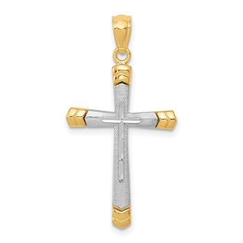 14K Two-tone Polished Diamond-cut Cross Pendant