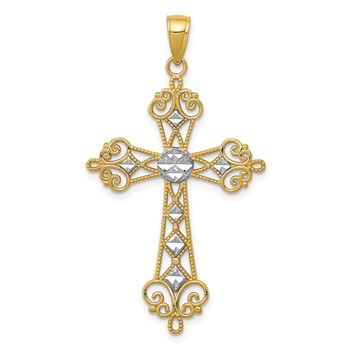 14K and White Rhodium Polished Diamond-Cut Cut-Out Cross Pendant