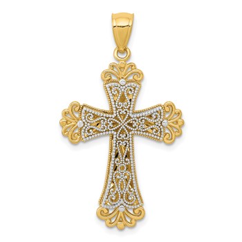 14K Two-tone Polished 2-Level Fleur de Lis Cross Pendant