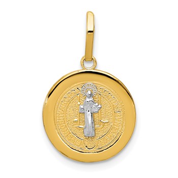14k and White Rhodium Solid St. Benedict Medal Round Pendant