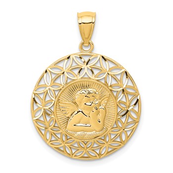 14k Polished Diamond-cut Angel Medal Round Pendant