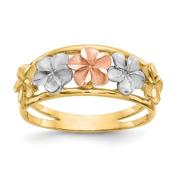 14k Two-tone with White Rhodium Satin and Polished Diamond-cut Plumeria Flowers Ring