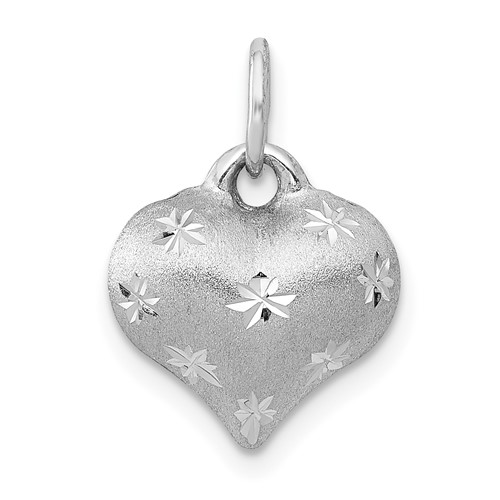 14k White Gold Satin Diamond-cut 3D Puffed Heart Pendant