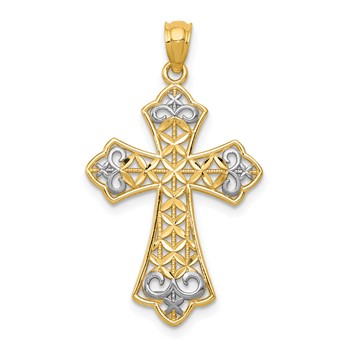 14k and White Rhodium Polished Diamond-cut Filigree Cross Pendant
