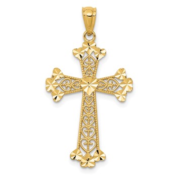 14k Diamond-cut Polished Filigree Hearts Cross Pendant
