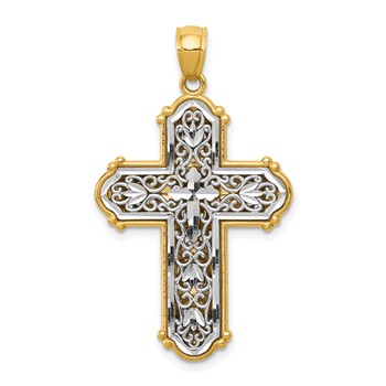 14k and White Rhodium Reversible Diamond-cut Filigree Cross Pendant