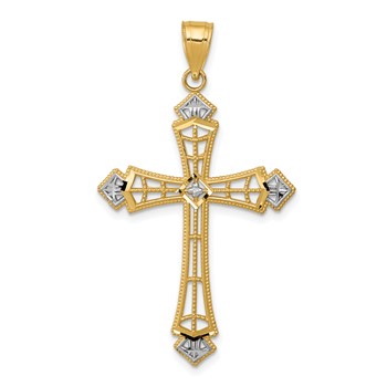 14k and White Rhodium Diamond-cut Cross Pendant