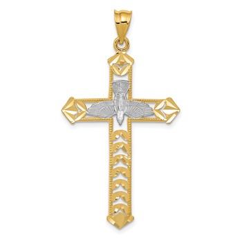 14K and White Rhodium Polished Diamond-Cut Dove Cross Pendant