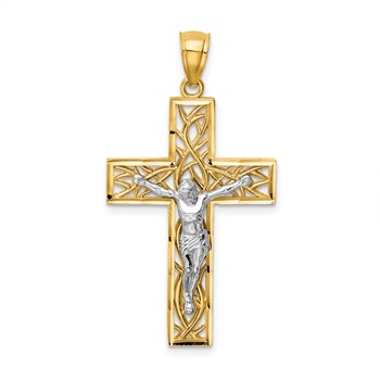 14K Two-Tone Satin Polished Diamond-cut Crucifix with Vines Pendant