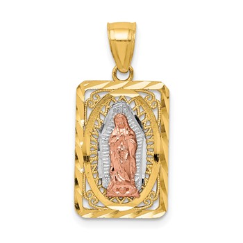 14k Two-tone with White Rhodium Diamond-cut Our Lady of Guadalupe Rectangular Pendant