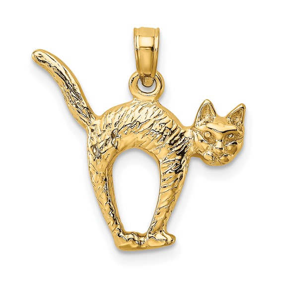 14K 3-D Textured Arch Back and Raised Tail Cat Charm - Quality Gold