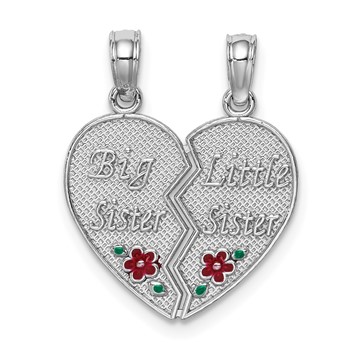 14K White Gold Enameled BIG-LITTLE SISTER 2-Piece Break-Apart Heart Charm