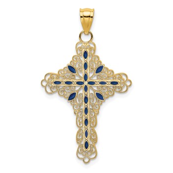 14K Blue Enamel Filigree Cross Charm