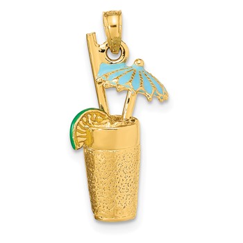 14K 3-D Cocktail Drink with Blue Enameled Umbrella and Lime Charm