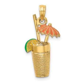 14K 3-D Cocktail Drink w/Orange Enamel Umbrella and Lime Charm