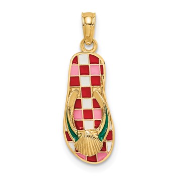 14K 3D Enamel Shell On Red Checkered Flip-Flop Charm