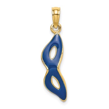 14K 3-D and Beveled W/Blue Enamel Masquerade Mask Pendant