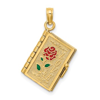 14K Enameled 3-D Moveable LOVE Bible Verse Flower Book Pendant