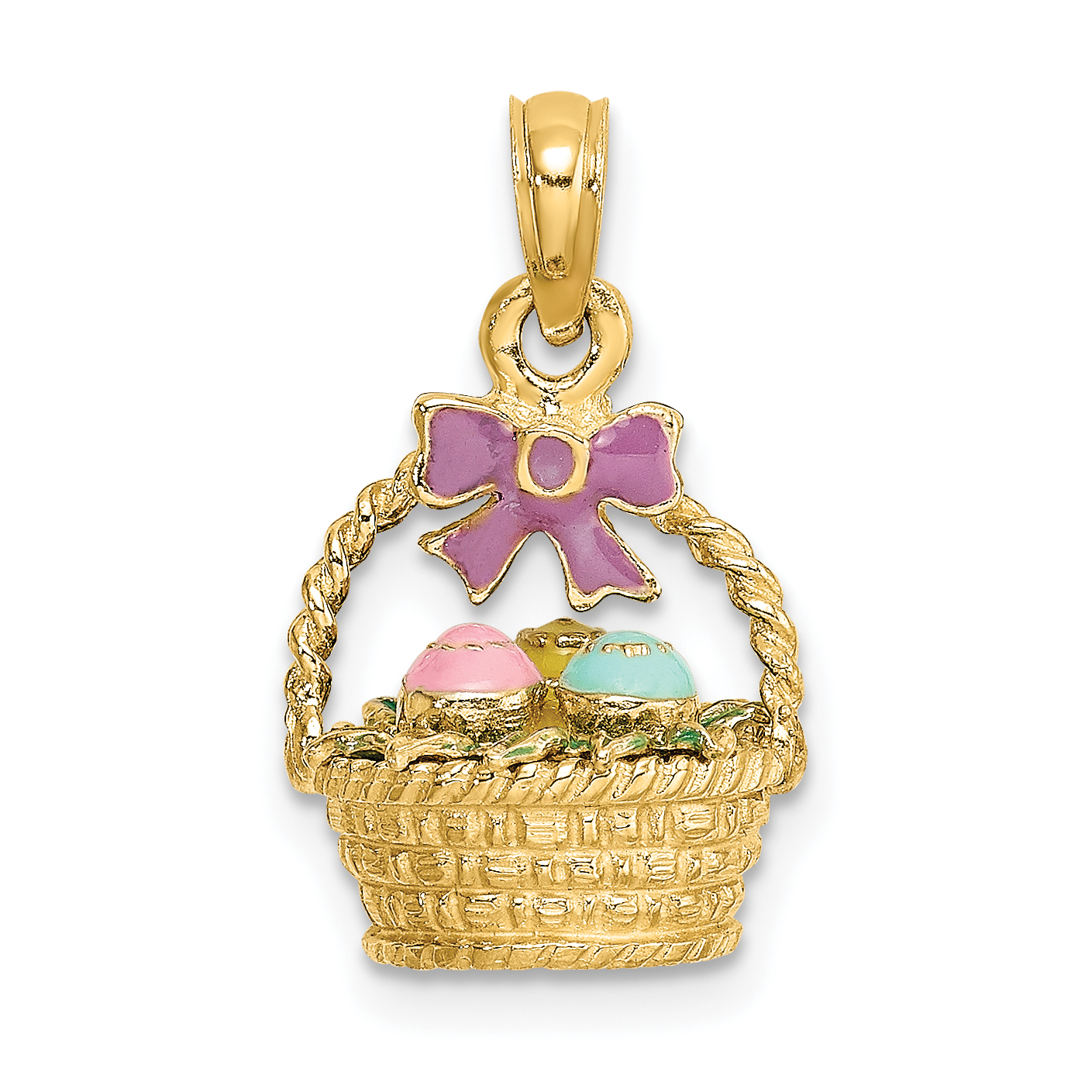 14K 3-D Enameled Easter Basket w/Bow and Eggs Charm - Quality Gold