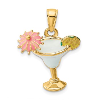 14K White Enameled Margarita Drink with Umbrella and Lime Charm
