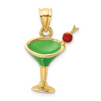 14K 2-D Green Enameled Martini w/Cherry Charm