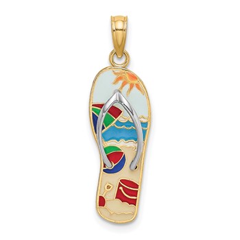 14K and White Rhodium Multi-Colored 3-D Enameled Beach Scene On Flip-Flop Charm