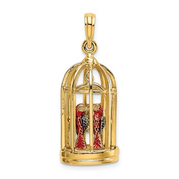 14K 3-D Bird Cage with 2 Enameled Birds and Opening Doors Charm