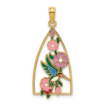 14K Enameled Hummingbird and Flowers Triangle Charm
