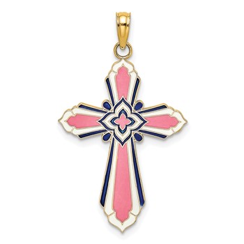 14K Pink/White/Blue Enameled Reversible Same on Both Sides Cross Charm