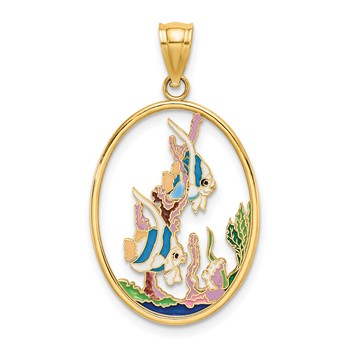 14K Multi-color Enamel Angelfish In Underwater Scene Oval Charm