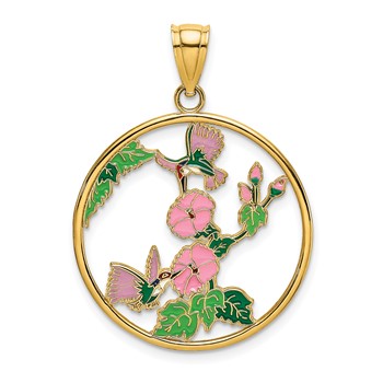 14K Enameled Hummingbirds and Flowers In Circle Charm