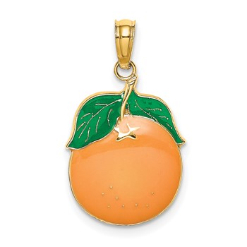 14K Orange and Green Enameled Orange with Stem and Leaf Charm
