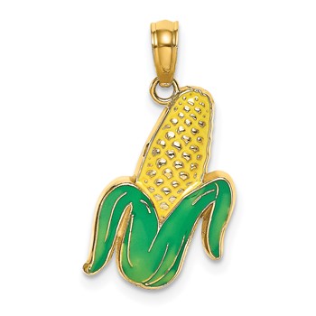 14K Yellow and Green Enameled Corn with Peeled Husk Charm
