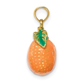 14K 3-D Orange and Green Enameled Orange With Stem and Leaf Charm — alternate view