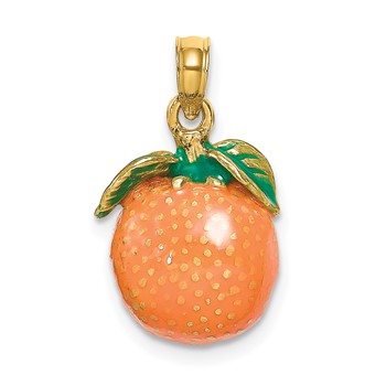 14K 3-D Orange and Green Enameled Orange With Stem and Leaf Charm