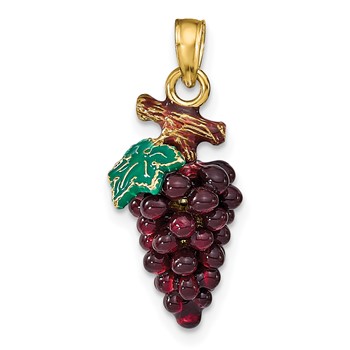 14K 3-D Purple and Green Enameled Grapes with Stem and Leaf Charm