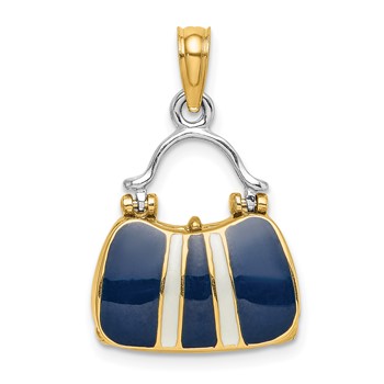 14K & Rhodium 3-D Navy Enameled Handbag Opens Charm