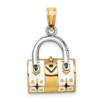 14K & Rhodium 3-D White Enameled Handbag Opens Charm