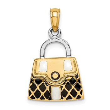 14K & Rhodium 3-D w/Black and White Enamel Opens Handbag Charm