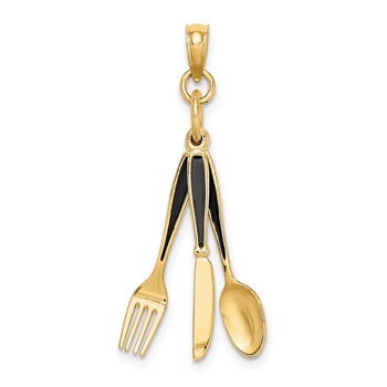 "14K 3-D Black Enameled Knife, Fork, Spoon Moveable Charm"