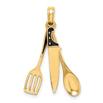 "14K 3-D Black Enamel Butcher Knife, Spoon and Spatula Moveable Charm"
